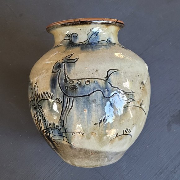 Vintage Earth Toned and Blue Deer and Palm Tree Vase - Picture 1 of 9